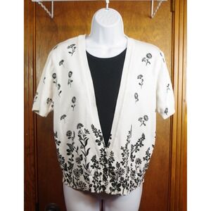 Cathy Daniels Womens White Black Floral Cotton Short Sleeve Cardigan Sweater M